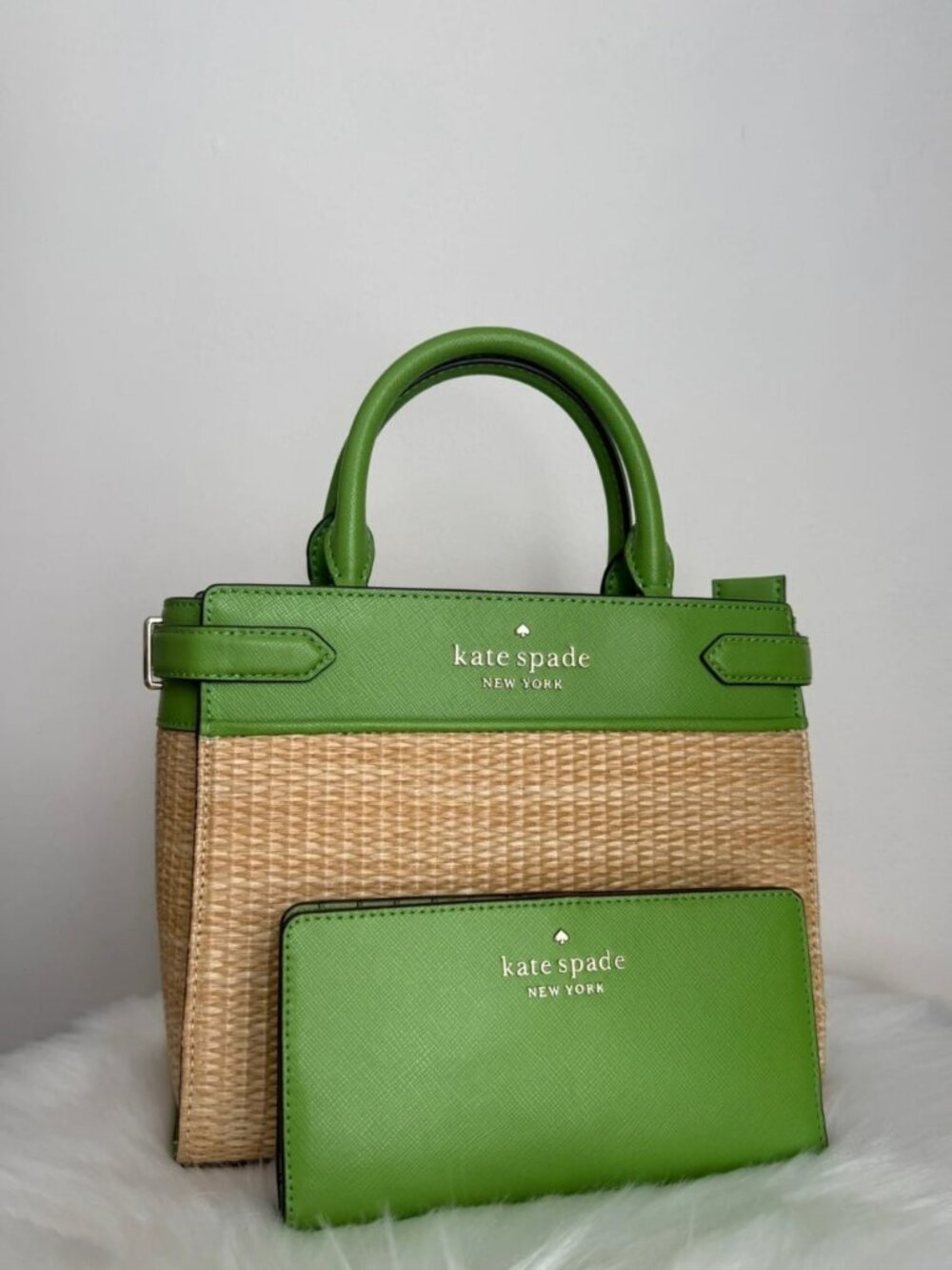 Kate Spade New York Straw & Saffiano Leather Satchel with Matching Wallet Green